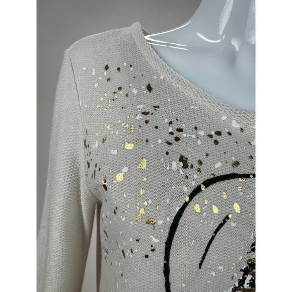 STYLE & CO Holiday Snow Globe Christmas Top Sz M Beige Cotton Blend Blemish - Picture 2 of 16